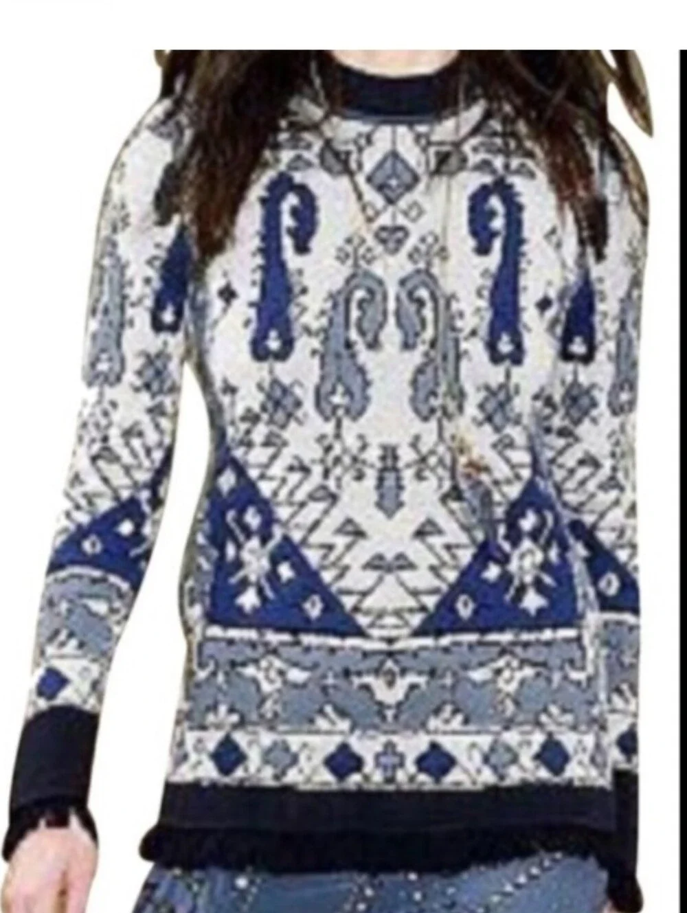 Tory Burch Malibu Blue Fringe Wool Lisbon Runway Sweater
